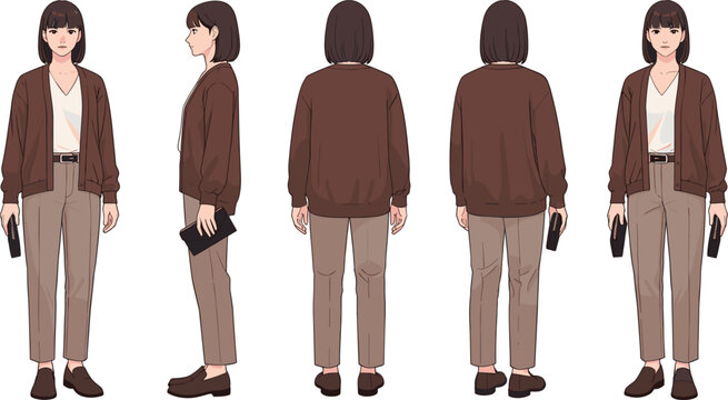 Anime style female character turnaround set featuring woman in brown cardigan and tan trousers showing front side and back views for fashion design and animation reference vector.