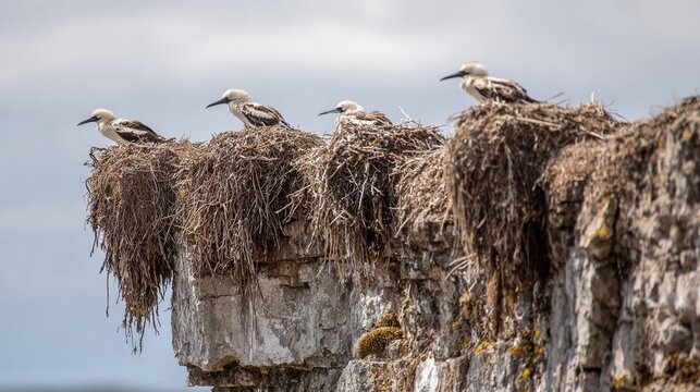 precariously. A colony of seabird nests built on a cliff edge from tangled twigs and feathers. wildlife magazines, conservation campaigns, designed for eco-tourism storytelling.