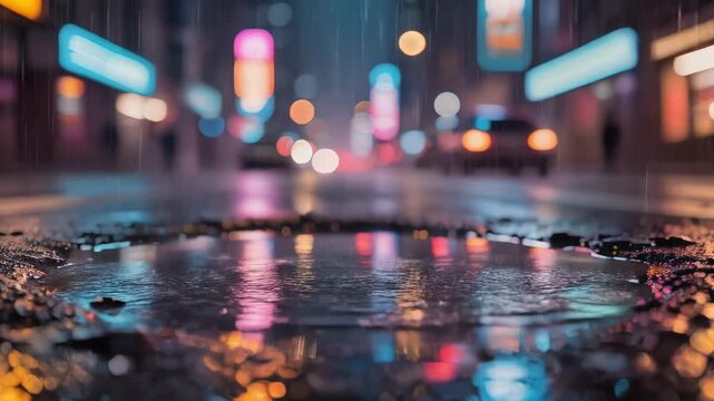 Rainy urban night street with vibrant neon lights reflecting on wet pavement in high resolution