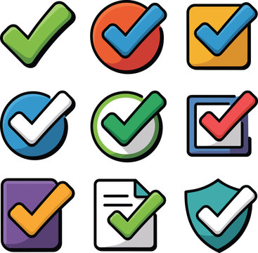 Checklist approval icons set with checkmarks validation badges task completion symbols and verification status indicators