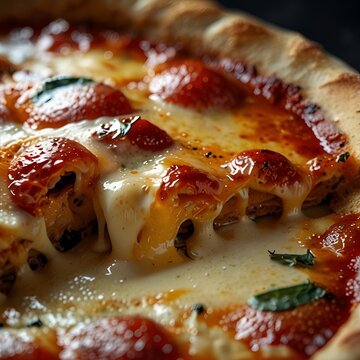 Close-up of deep dish pizza with melted cheese stretch