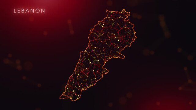 A dynamic motion video showcasing the Lebanon country border through a colorful plexus reveal. Glowing red and orange dots represent high-tech data communication and global digital networks.