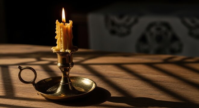 A single polished brass candlestick holding a lit, dripping wax candle on a wooden table with dramatic shadows
