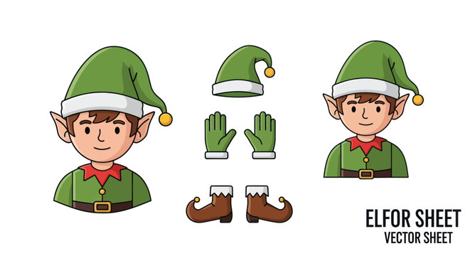 Christmas Elf Character Parts Kit: Hat, Gloves, Boots, Face & Full Body Vector Art
