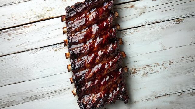 barbecue ribs with smoky sauce on rustic wooden table