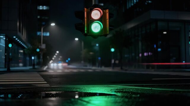 Vibrant city intersection at night with glowing green traffic light and wet reflective streets in 4K