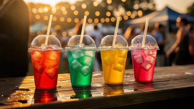 Vibrant outdoor festival with colorful iced drinks in plastic cups on a sunny day