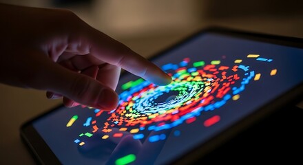 Fototapeta premium A hand interacts with a tablet showing a colorful, swirling abstract digital design