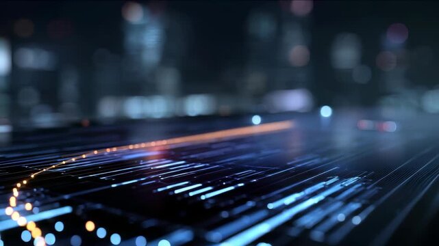 Futuristic digital data stream with glowing lines and particles representing high speed technology and innovation. Abstract cyber background for modern tech concepts and virtual environments
