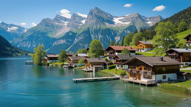 Serene mountain village by sparkling lake with snow capped peaks in stunning natural landscape 4K