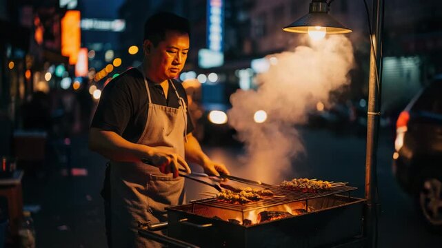 Street vendor grilling delicious skewered meat over glowing flames under warm streetlamp at night