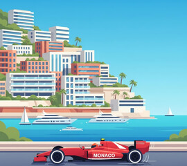 Fototapeta premium Vibrant vector art depicting a powerful race car on a scenic coastal road, with a luxurious urban backdrop of modern architecture and elegant yachts in the serene bay