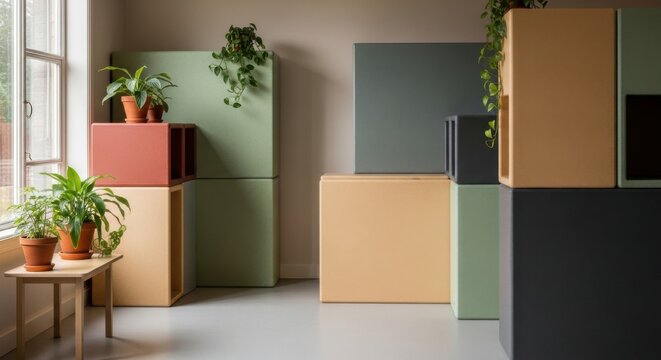 Modular Recycled Plastic Storage Units in Muted Earth Tones with Greenery Accents