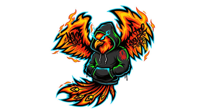 A phoenix wearing a black hoodie with flames on its wings and tail