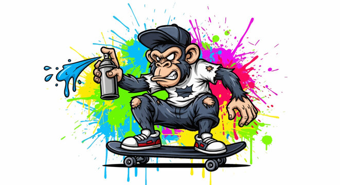 A monkey on a skateboard with a spray can