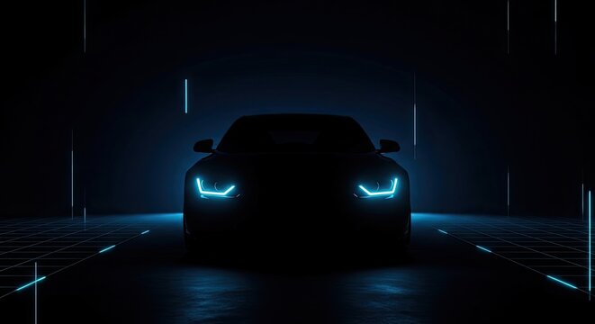 A sleek car with glowing blue headlights drives forward in a dark room