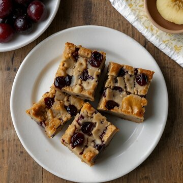 Overhead shot of neatly sliced raisin bars arranged on a plate