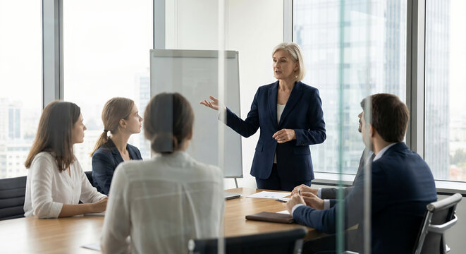 A confident, older businesswoman in a navy suit leads a meeting, gesturing with her hand as she speaks to a group of colleagues seated around a conference table.