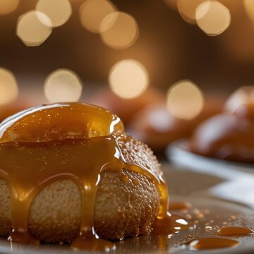 Close-up of caramel dessert with soft bokeh background