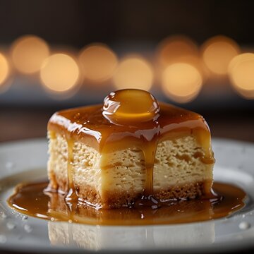 Close-up of caramel dessert with soft bokeh background