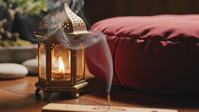 Lit lantern and burning incense with meditation cushion on wood floor