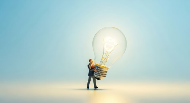 Miniature worker carries glowing light bulb symbolizing creativity, innovative thinking, breakthrough ideas, and developing solutions that drive business growth and transformation
