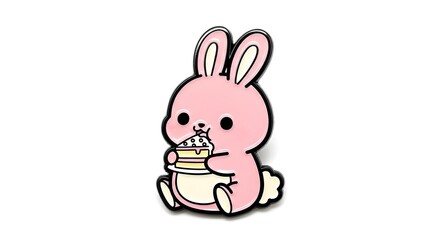 Fototapeta premium Cute Pink Bunny Holding a Birthday Cake with a Single Candle on a White Background, Adorable Cartoon Character Celebrating a Special Occasion