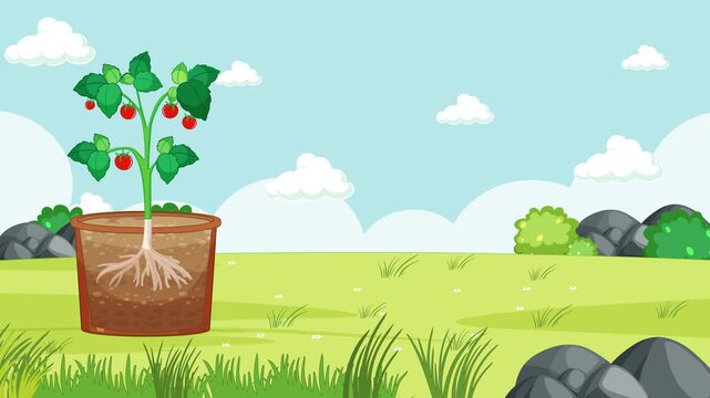 Educational animation illustrating stem anatomy with internal plant parts like xylem, phloem, and epidermis shown on a lush green outdoor background.