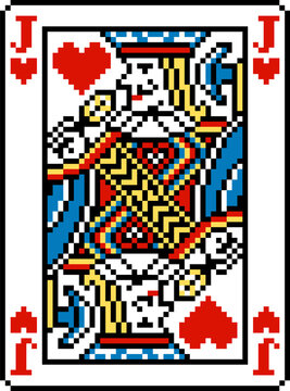 A pixel art playing cards deck design, jack of hearts. An original design, each card 55 squares wide by 74 tall. Left Handed 4 corner version