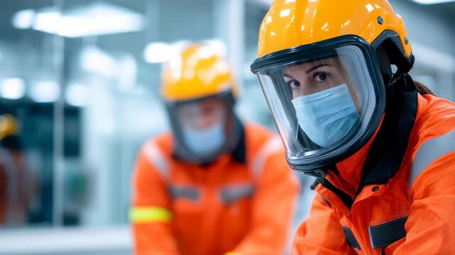 Industrial workers wearing protective suits, helmets, and face masks focus on safety protocols in a modern factory environment. Team members collaborate to ensure workplace health