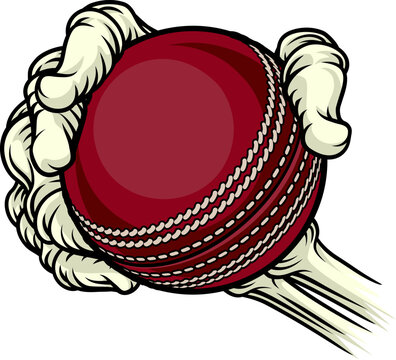 A grim reaper or death skeleton sports team or Halloween event mascot hand holding a cricket ball