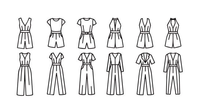 Collection of fashion line drawings of jumpsuits and rompers for women