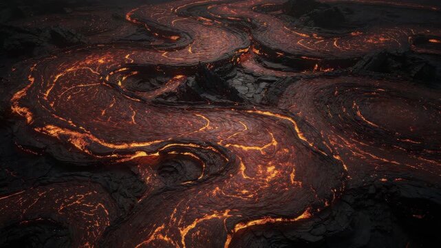 Flowing molten lava slowly carving intricate patterns as it cools and solidifies in stunning 4K nature footage