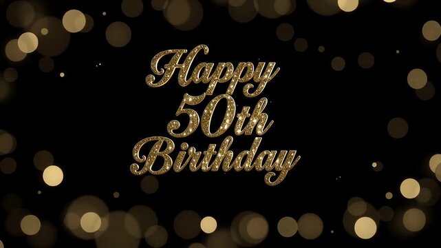 Golden sparkling happy 50th birthday text glowing and shining elegantly on dark background celebration