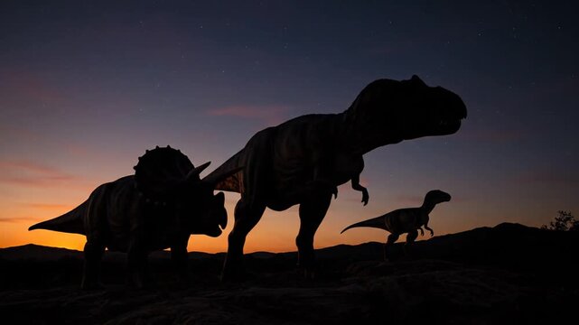 Silhouette of dinosaurs at sunset landscape.