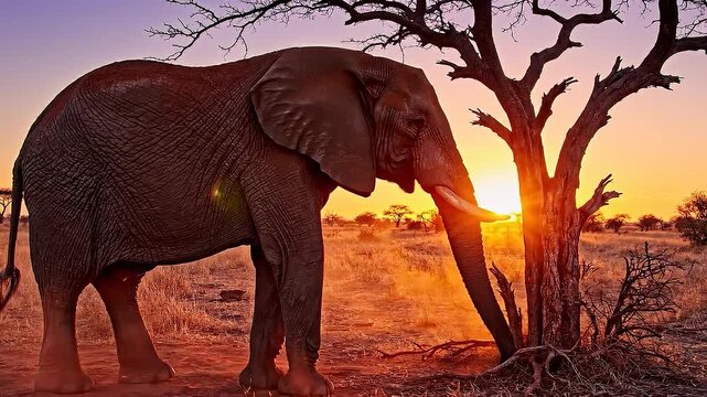 Majestic African Elephant Standing Near An Old Tree During A Beautiful Golden Sunset.