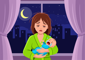 Naklejka premium Tired Mother Holding Crying Baby at Night, Exhausted Mom with Messy Hair and Dark Circles, Postpartum Depression and Sleep Deprivation Concept Illustration