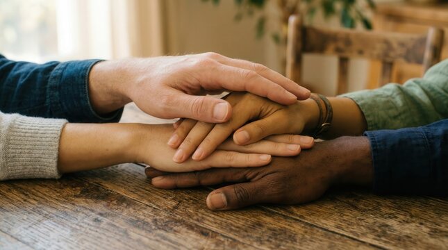 Diverse Hands Stacked Together on Rustic Wooden Table in Warm Natural Light, Symbol of Teamwork, Unity, Trust, Collaboration and Human Connection Close Up