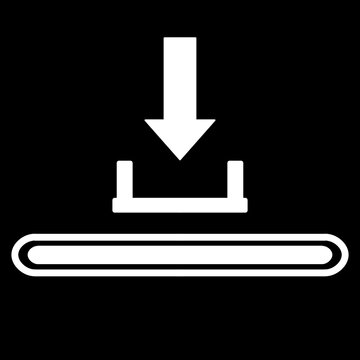 White outline arrow pointing down with loading bar symbolizing file transfer progress and digital download process