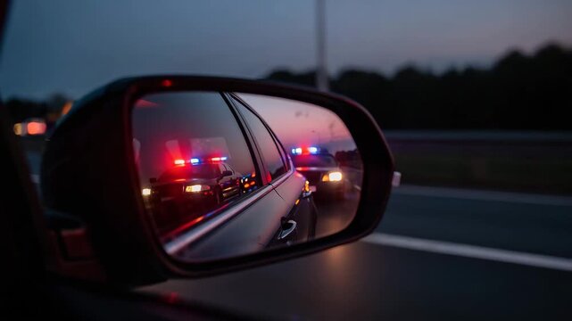 Slow motion video of a car pulling over with flashing police lights in realistic 4K footage