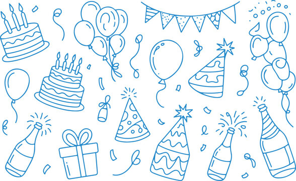 Blue line art doodle collection for birthday party celebration on transparent background vector.