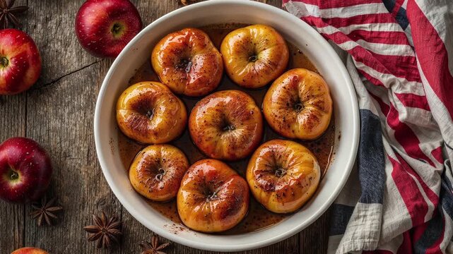 cinnamon baked apples on rustic wooden table for thanksgiving 