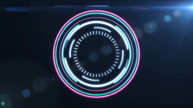 Futuristic circular hud with concentric neon rings and radial dashes on dark background with lens flares