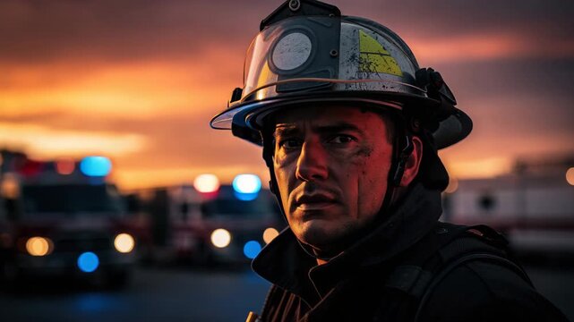 Determined firefighter in worn gear standing against dramatic sunset with fire truck in background 4K video