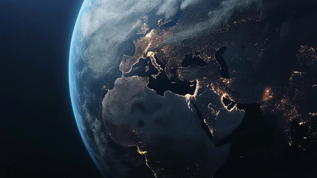 Earth from space at night showing europe, africa and middle east illuminated by city lights, partial day-side glow and cloud cover