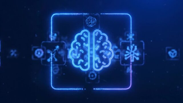 Abstract Digital Brain Network with Futuristic AI Icons and Neural Connections.