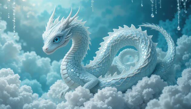 A beautiful fluffy sky serpent dragonet with pearl scales and gentle blue eyes