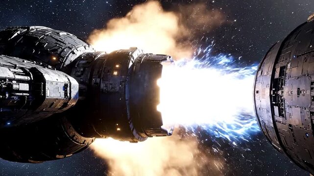 A spaceship's engines blaze as it propels through the darkness of space with intense flames