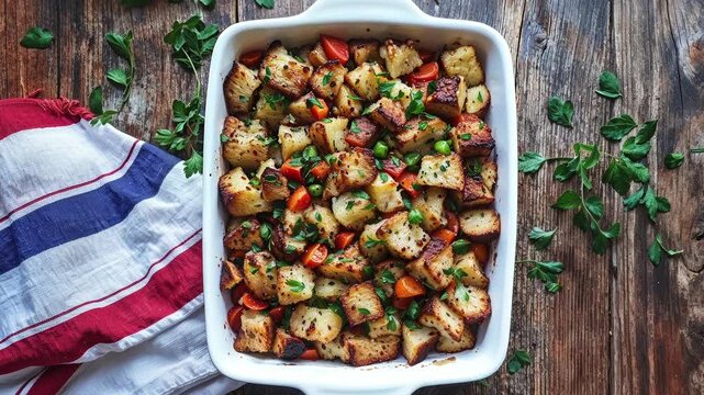 classic thanksgiving stuffing in white ceramic dish on rustic table