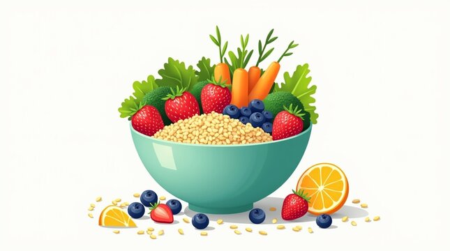 Ilustra&ccedil;&atilde;o flat design de tigela colorida com frutas, vegetais e gr&atilde;os saud&aacute;veis em fundo branco &mdash; conceito alimenta&ccedil;&atilde;o saud&aacute;vel